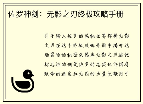 佐罗神剑：无影之刃终极攻略手册
